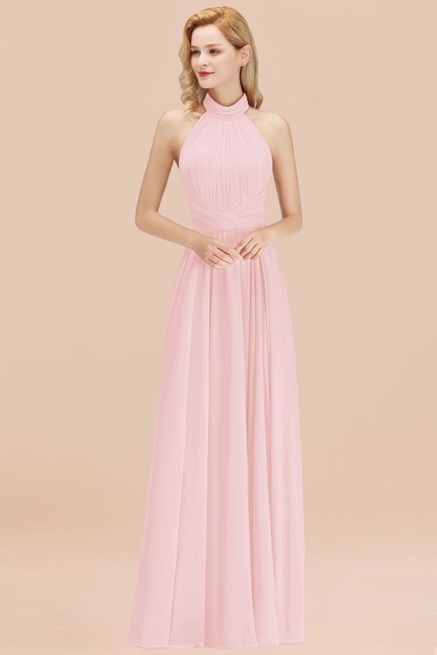 27prom Gorgeous High-Neck Halter Backless Bridesmaid Dress Dusty Rose Chiffon Maid of Honor Dress-27prom