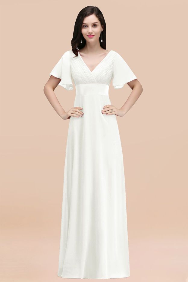 27prom Affordable V-Neck Ruffle Long Burgundy Bridesmaid Dress With Short-Sleeves-27prom