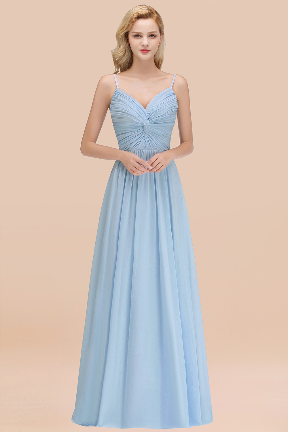 27prom Chic V-Neck Pleated Backless Bridesmaid Dresses with Spaghetti Straps-27prom