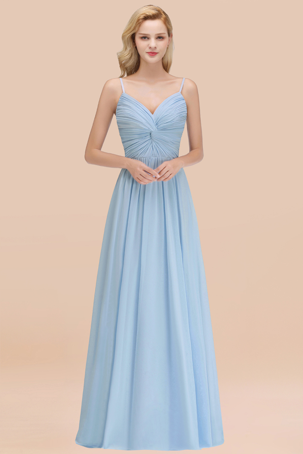 27prom Chic V-Neck Pleated Backless Bridesmaid Dresses with Spaghetti Straps-27prom