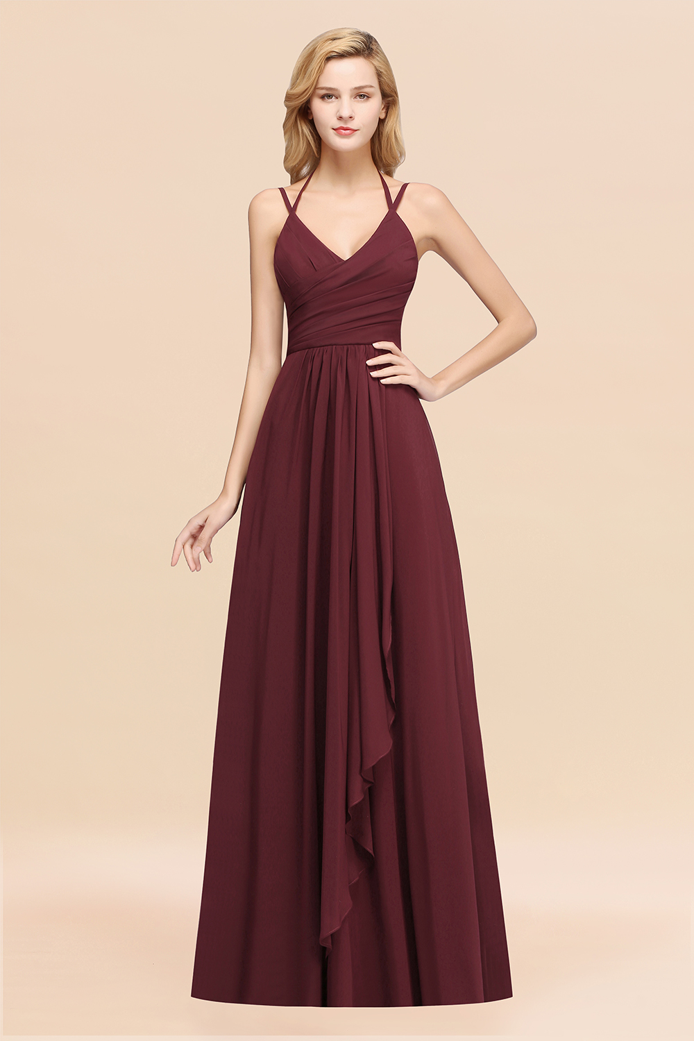 27prom Affordable Chiffon Burgundy Bridesmaid Dress With Spaghetti Straps-27prom
