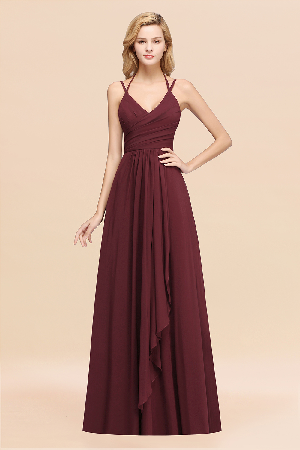27prom Affordable Chiffon Burgundy Bridesmaid Dress With Spaghetti Straps-27prom