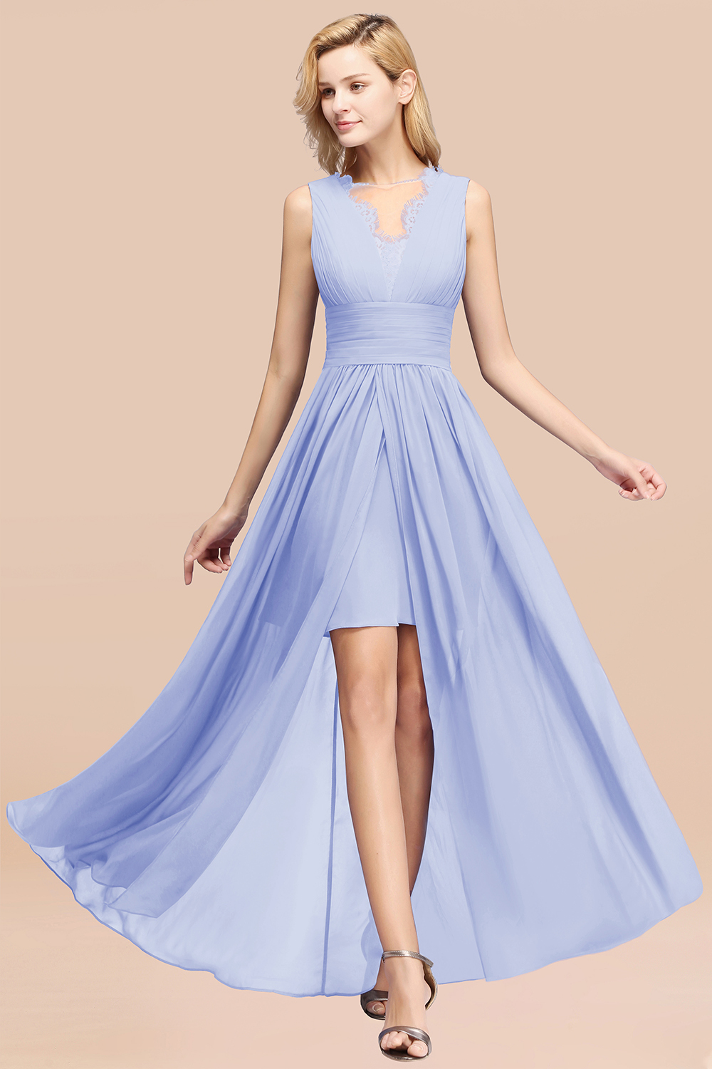 27prom Elegant Chiffon Lace Jewel Sleeveless Bridesmaid Dress with Ruffle-27prom