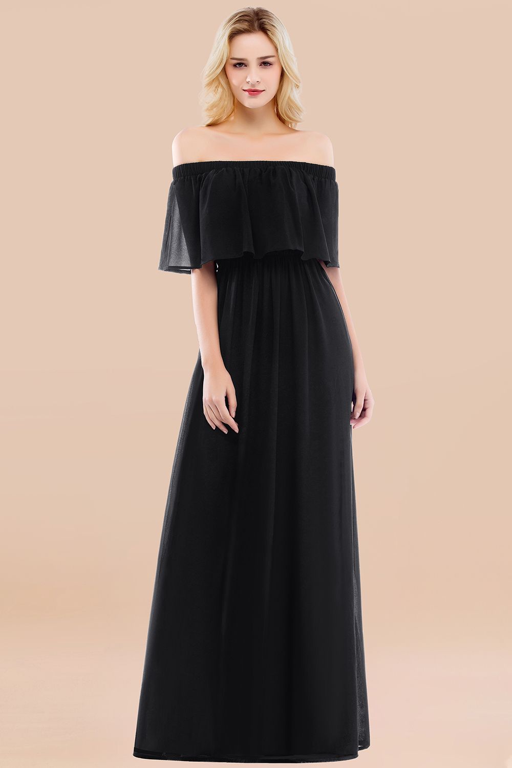 27prom Vintage Off-the-Shoulder Long Burgundy Bridesmaid Dress with Ruffle-27prom