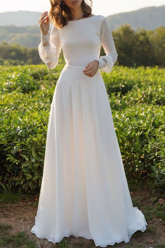 Bateau Neck Long Sleeve Tulle Boho A-Line Wedding Dress with Open Back