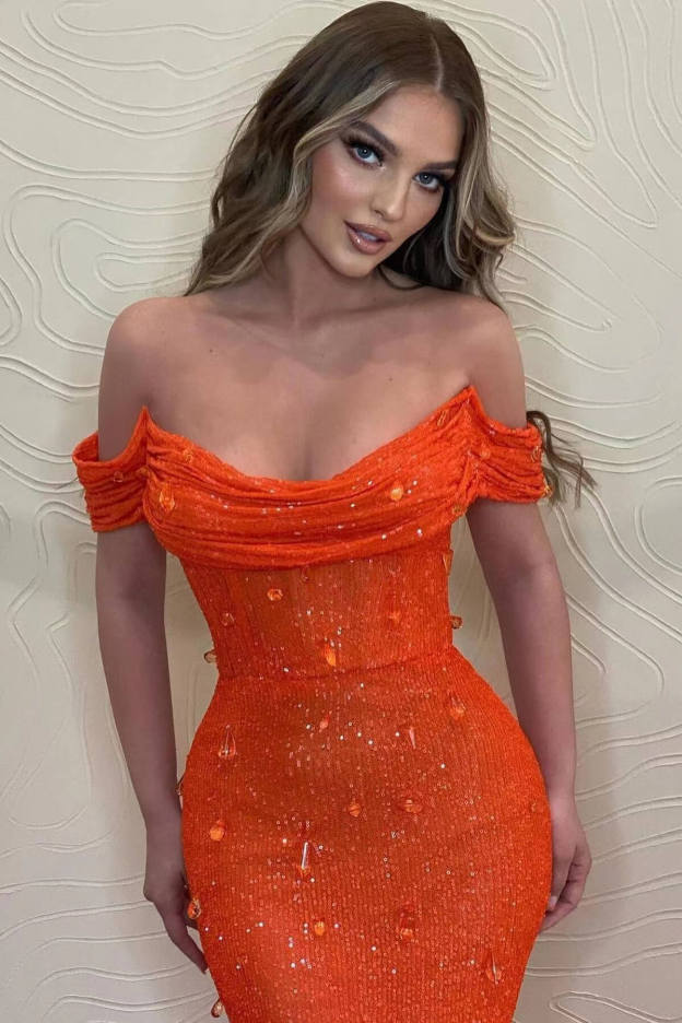 Orange Off the Shoulder Strapless Sleeveless Prom Dress With Sequins Mermaid