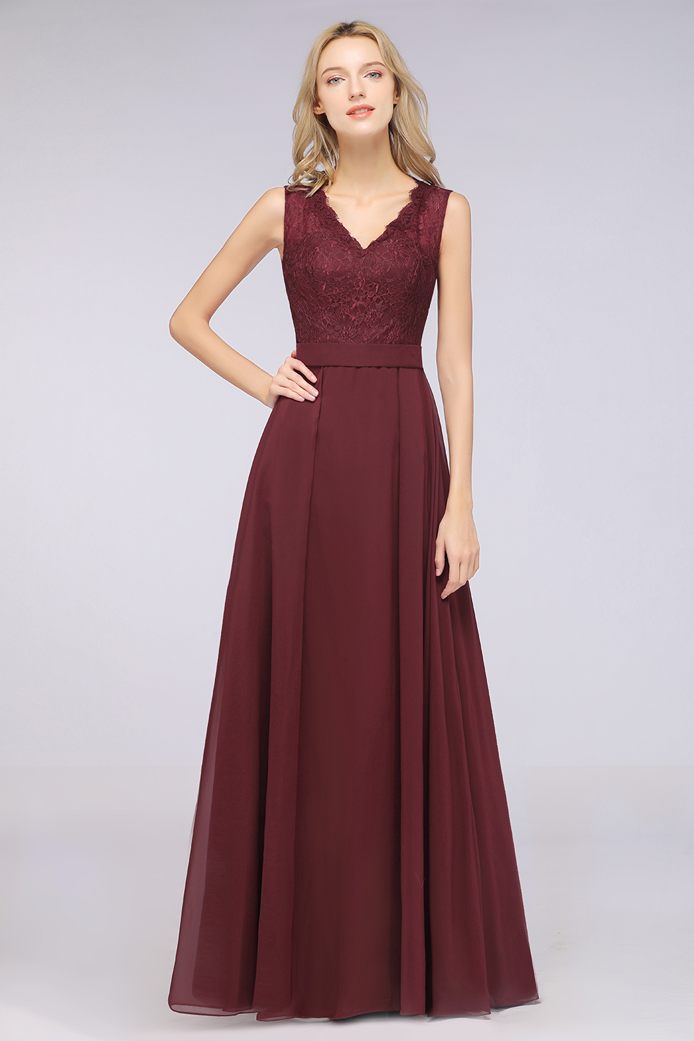 27prom Modest Chiffon V-Neck Burgundy Lace Bridesmaid Dresses Online-27prom