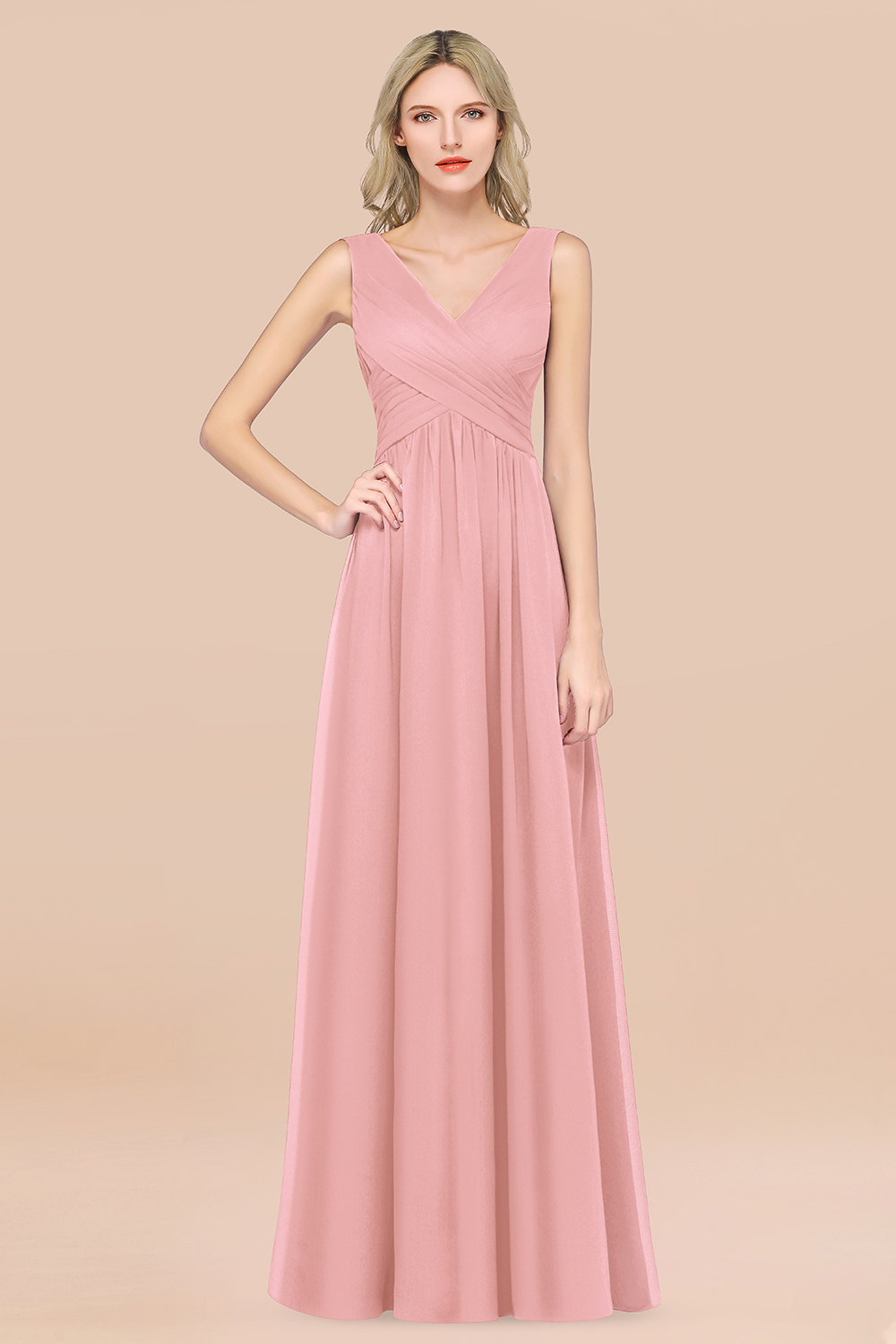 27prom Glamorous Chiffon V-Neck Sleeveless Burgundy Bridesmaid Dress with Draped Back-27prom