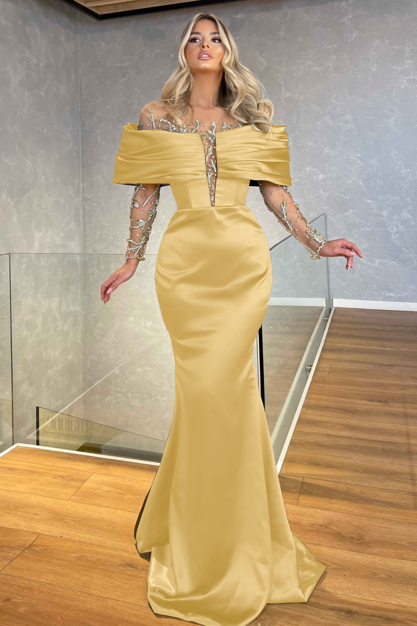 Green Prom Dress Off the Shoulder Long Sleeves Beading Embellished