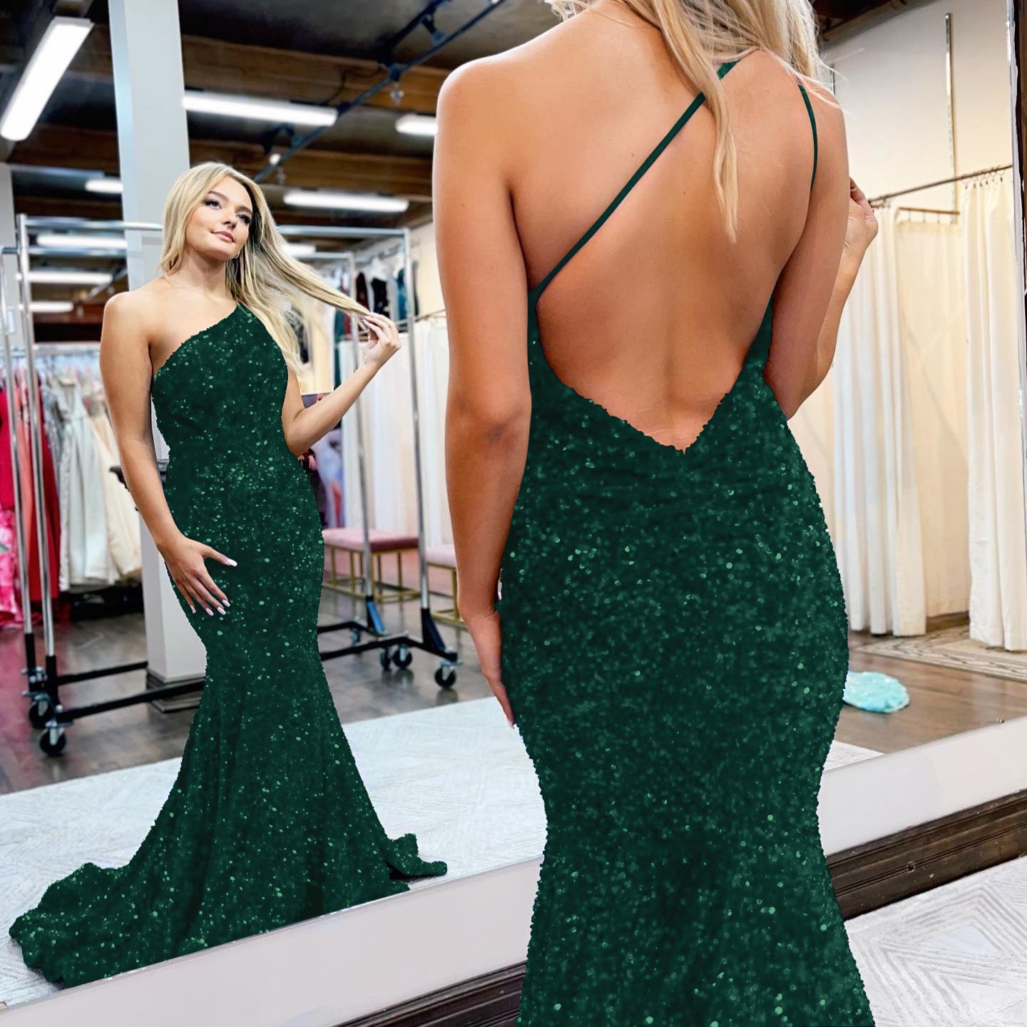 Royal Blue One-Shoulder Sequined Mermaid Prom Dress
