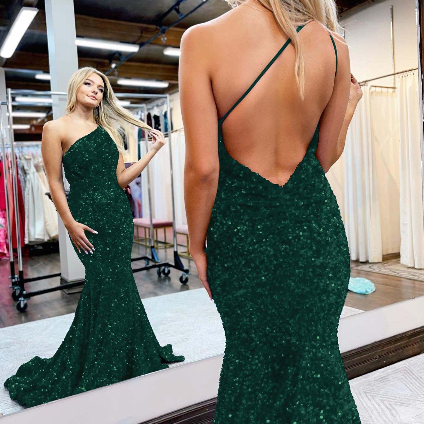Royal Blue One-Shoulder Sequined Mermaid Prom Dress