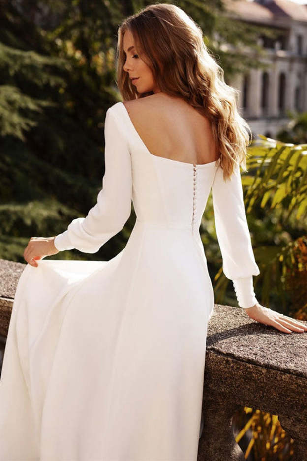 Square Neck Long Sleeve A-Line Wedding Dress