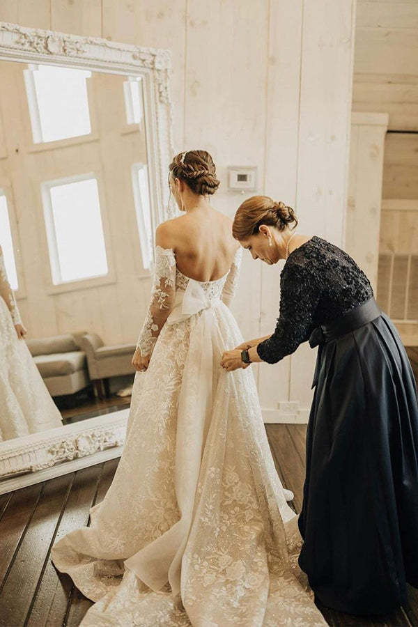 Off-the-Shoulder Long Sleeve A-Line Wedding Dress with Bow and Lace