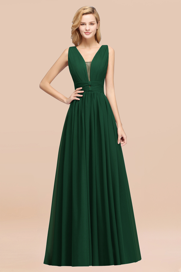 27prom Modest Dark Green Long Bridesmaid Dress Deep V-Neck Chiffon Maid of Honor Dress-27prom