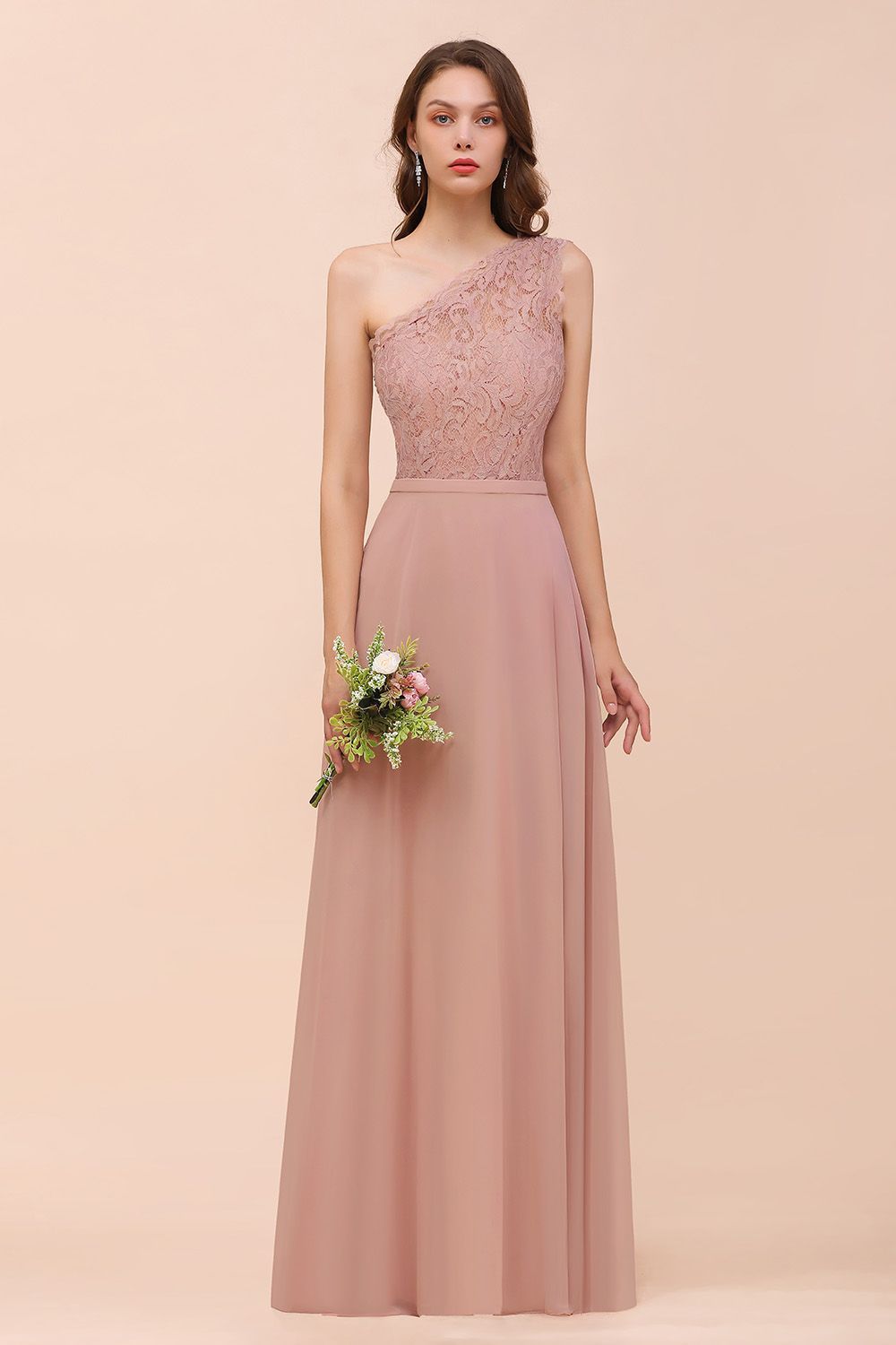27prom New Arrival Dusty Rose One Shoulder Lace Long Bridesmaid Dress-27prom