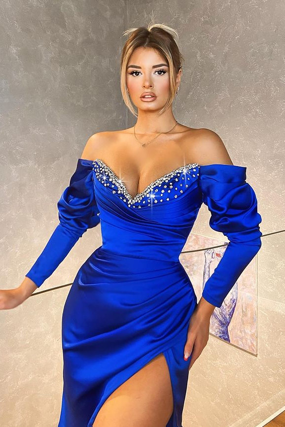 Off the Shoulder Mermaid Royal Blue Long Sleeves Prom Dress Beading