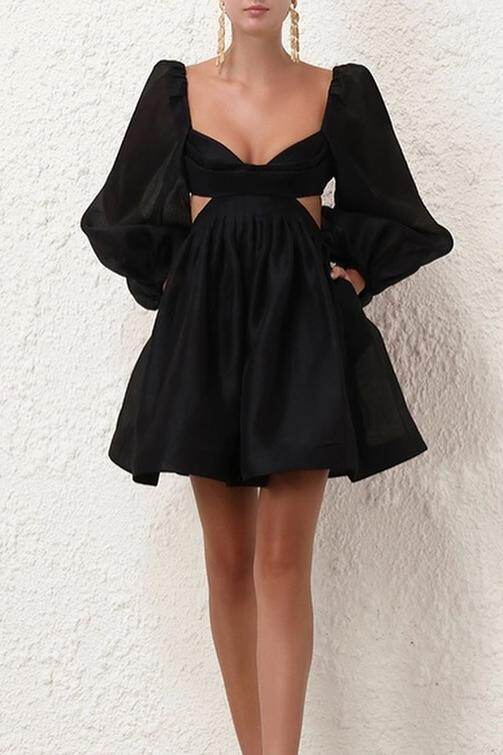 Black Long Sleeves Backless A Line Short Prom Dress With Pockets