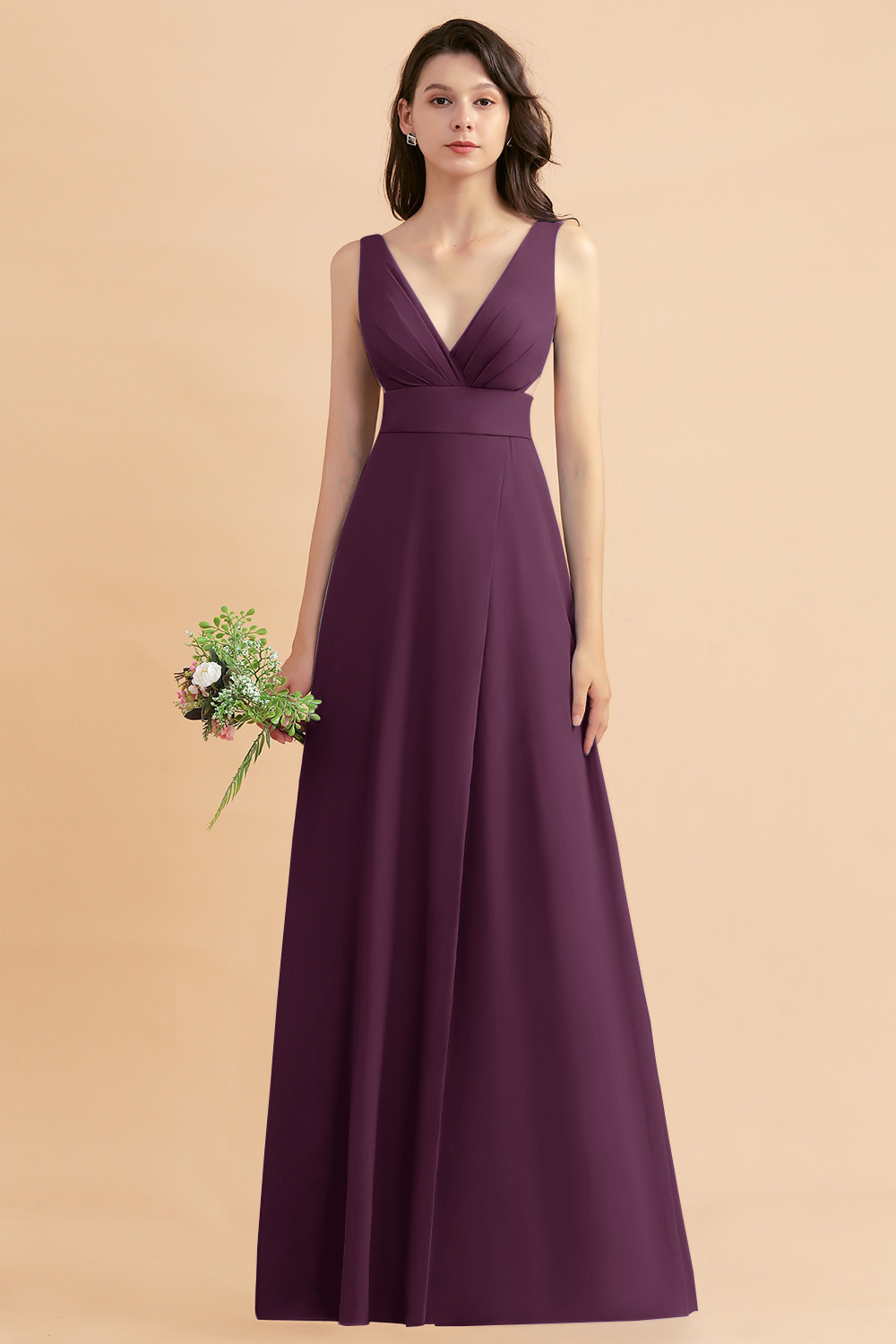 27prom A-Line Dusty Blue Chiffon Ruffles Bridesmaid Dress with Slit-27prom