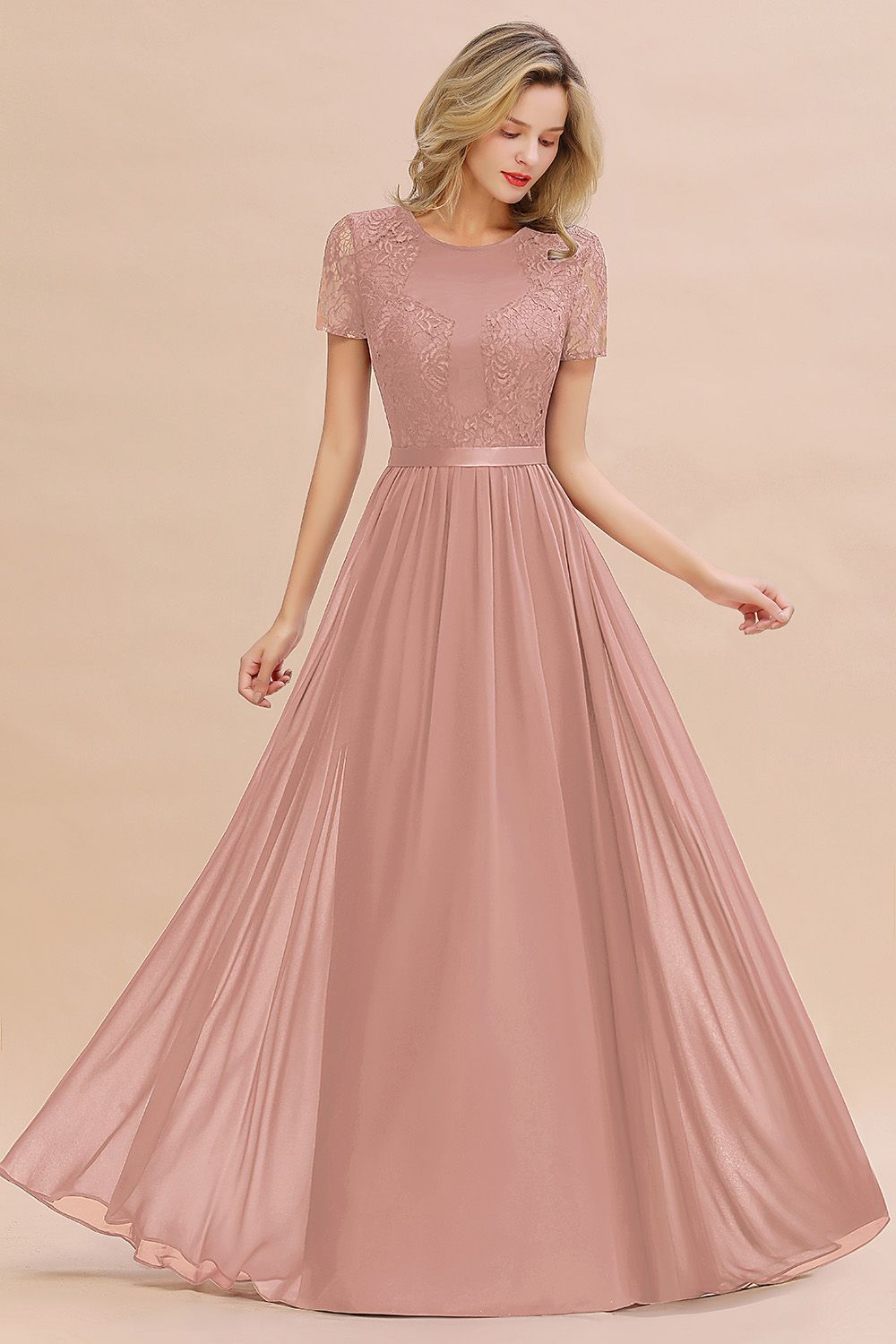 27prom Elegant Chiffon Lace Jewel Short-Sleeves Affordable Bridesmaid Dress-27prom