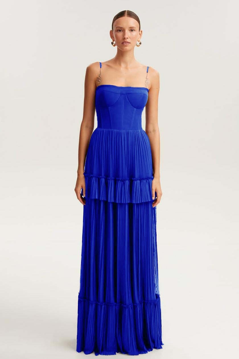 Spaghetti Strap Sleeveless Long Prom Dress With Ruffles