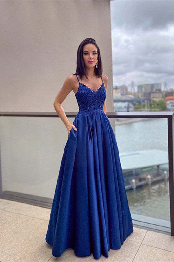Royal Blue Lace Appliques Prom Dress with Pockets