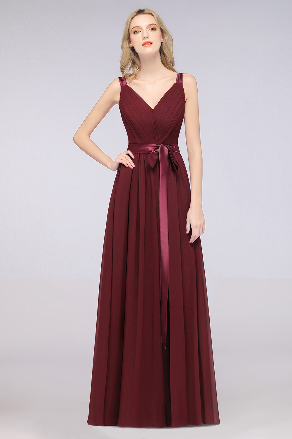 27prom Chic V-Neck Straps Ruffle Burgundy Bridesmaid Dresses with Bow Sash-27prom