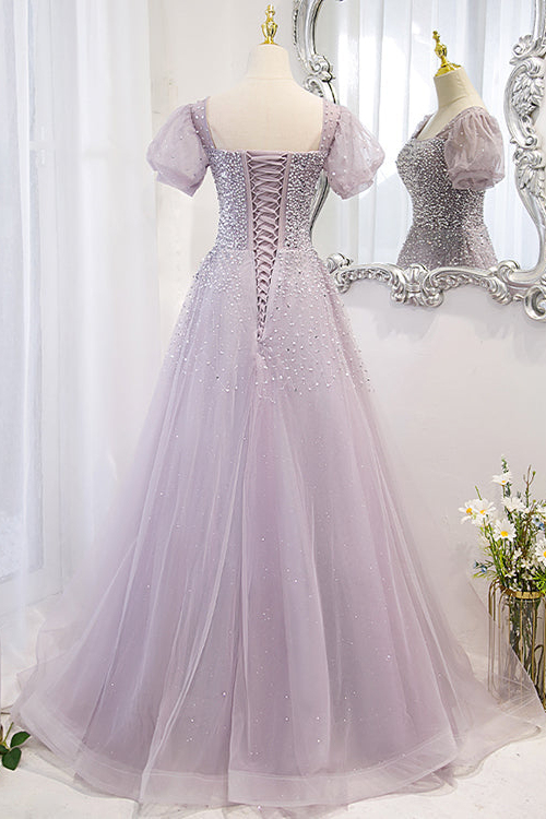 Chic Lace Up Prom Dress Beadings A Line Short Sleeves With Square Online