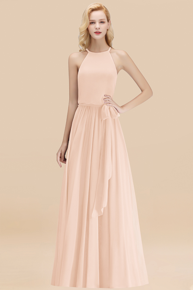 27prom Affordable Halter Bow Long Bridesmaid Dress Modest Burgundy Chiffon Wedding Party Dress-27prom