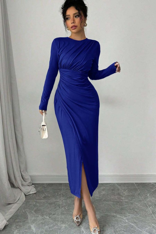Long Sleeves Jewel Neck Tea Length Prom Dress With Split Pleated