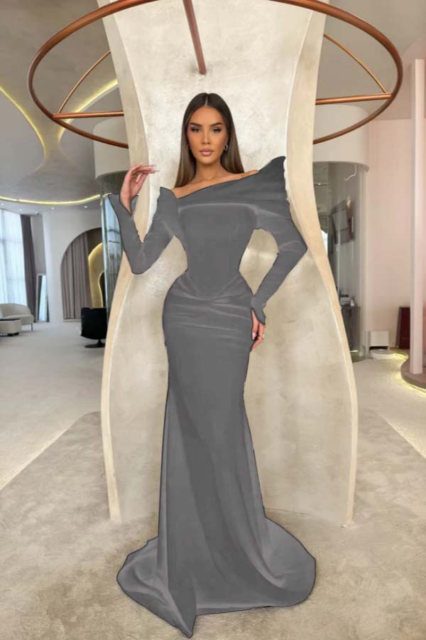 Off the Shoulder Long Sleeves Long Mermaid Prom Dress With Pleated