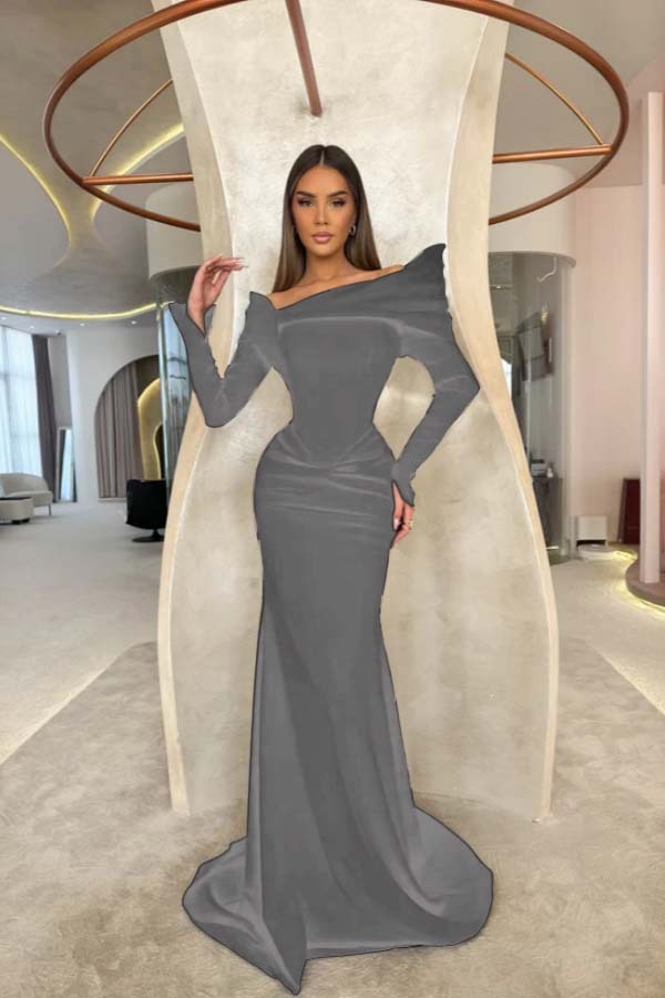 Off the Shoulder Long Sleeves Long Mermaid Prom Dress With Pleated
