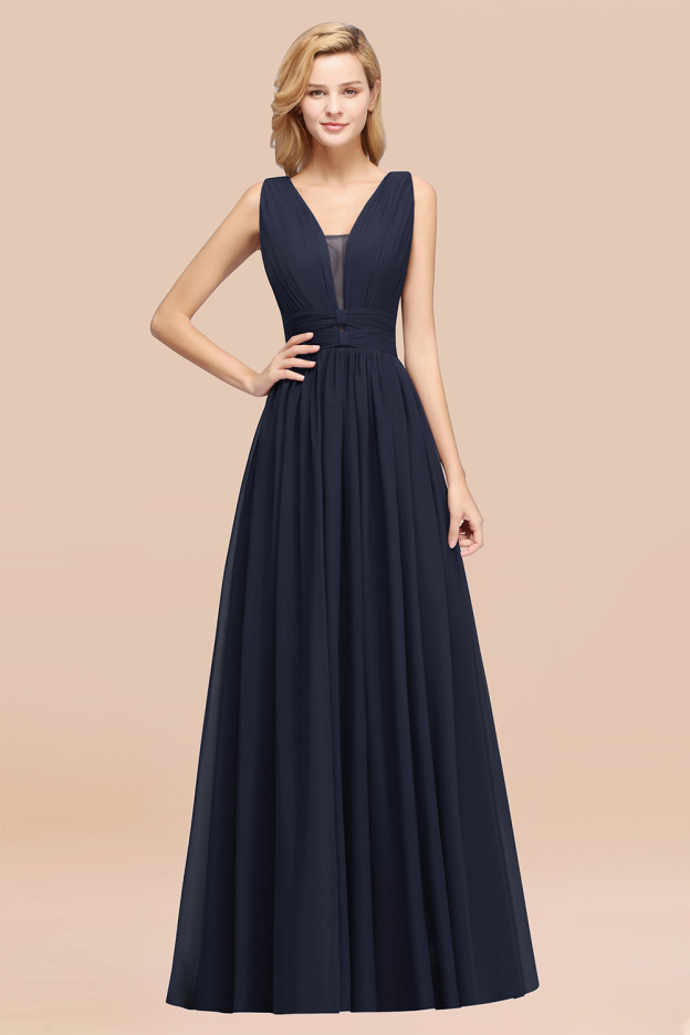 27prom Modest Dark Green Long Bridesmaid Dress Deep V-Neck Chiffon Maid of Honor Dress-27prom