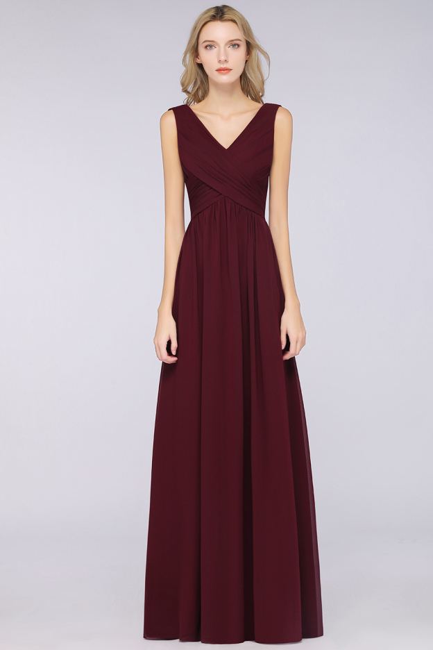 27prom Glamorous Chiffon V-Neck Sleeveless Burgundy Bridesmaid Dress with Draped Back-27prom