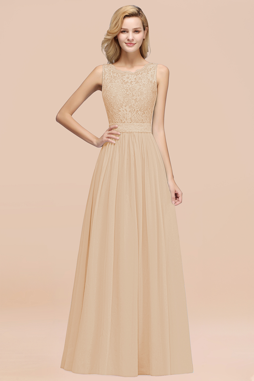 27prom Elegant Chiffon Lace Scalloped Sleeveless Ruffle Bridesmaid Dresses-27prom