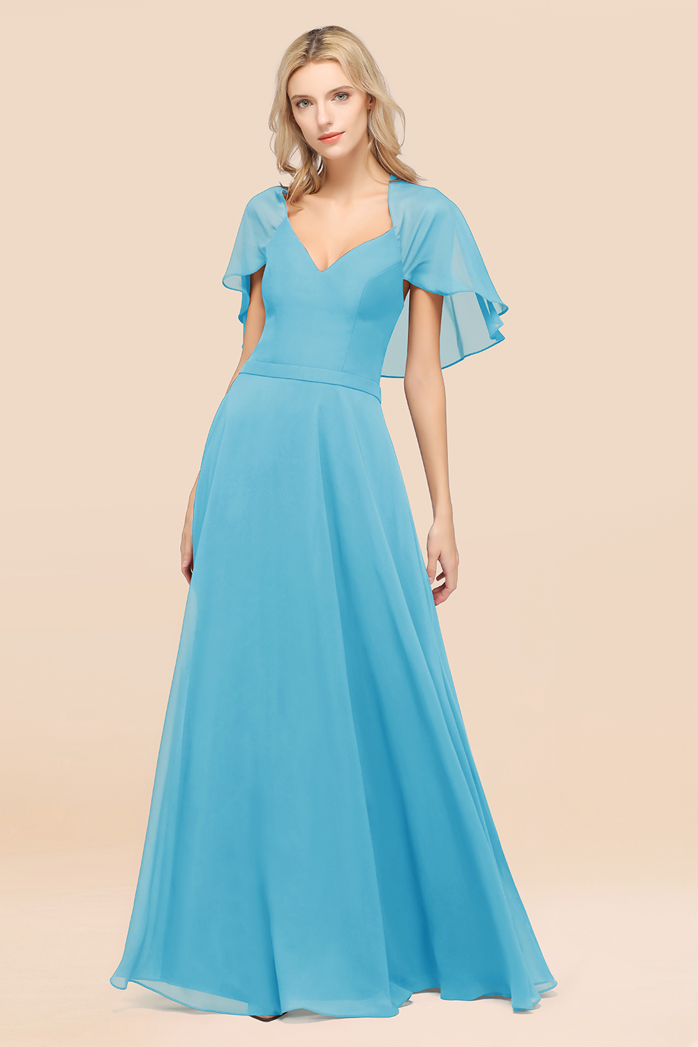 27prom Chic Satin V-Neck Long Burgundy Chiffon Bridesmaid Dress with Flutter Sleeve-27prom
