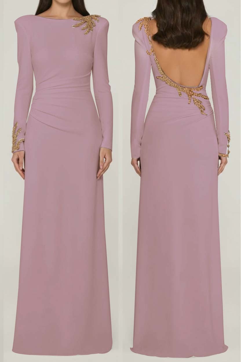 Long Sleeves Long Backless Prom Dress With Appliques Pleated