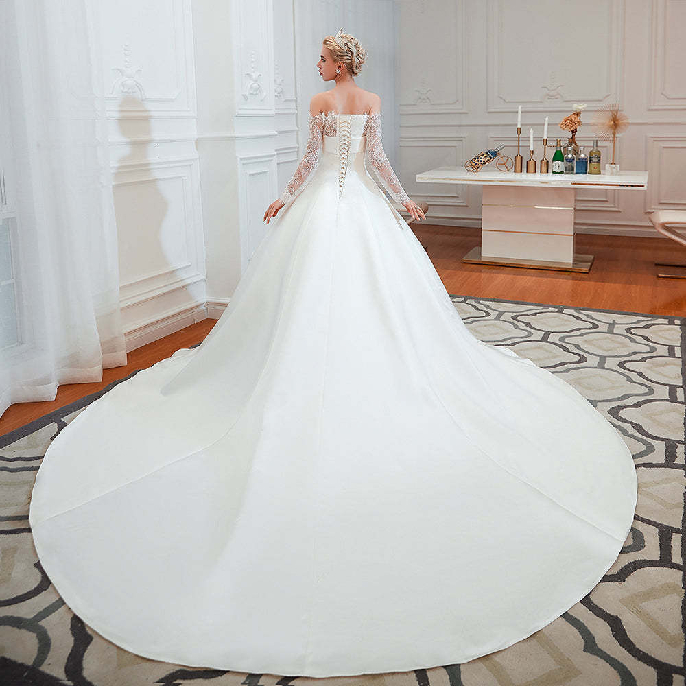 Stunning Off-the-Shoulder Long Sleeve A-Line Satin Wedding Dress with Lace