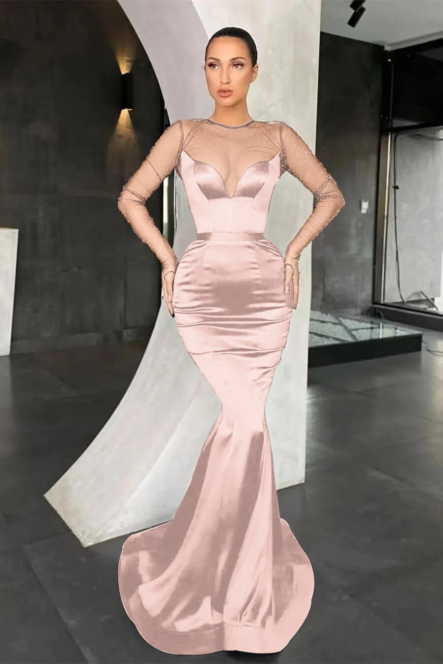 Black Mermaid Long Sleeves Pleated Long Prom Dress With Beads Online V Neck