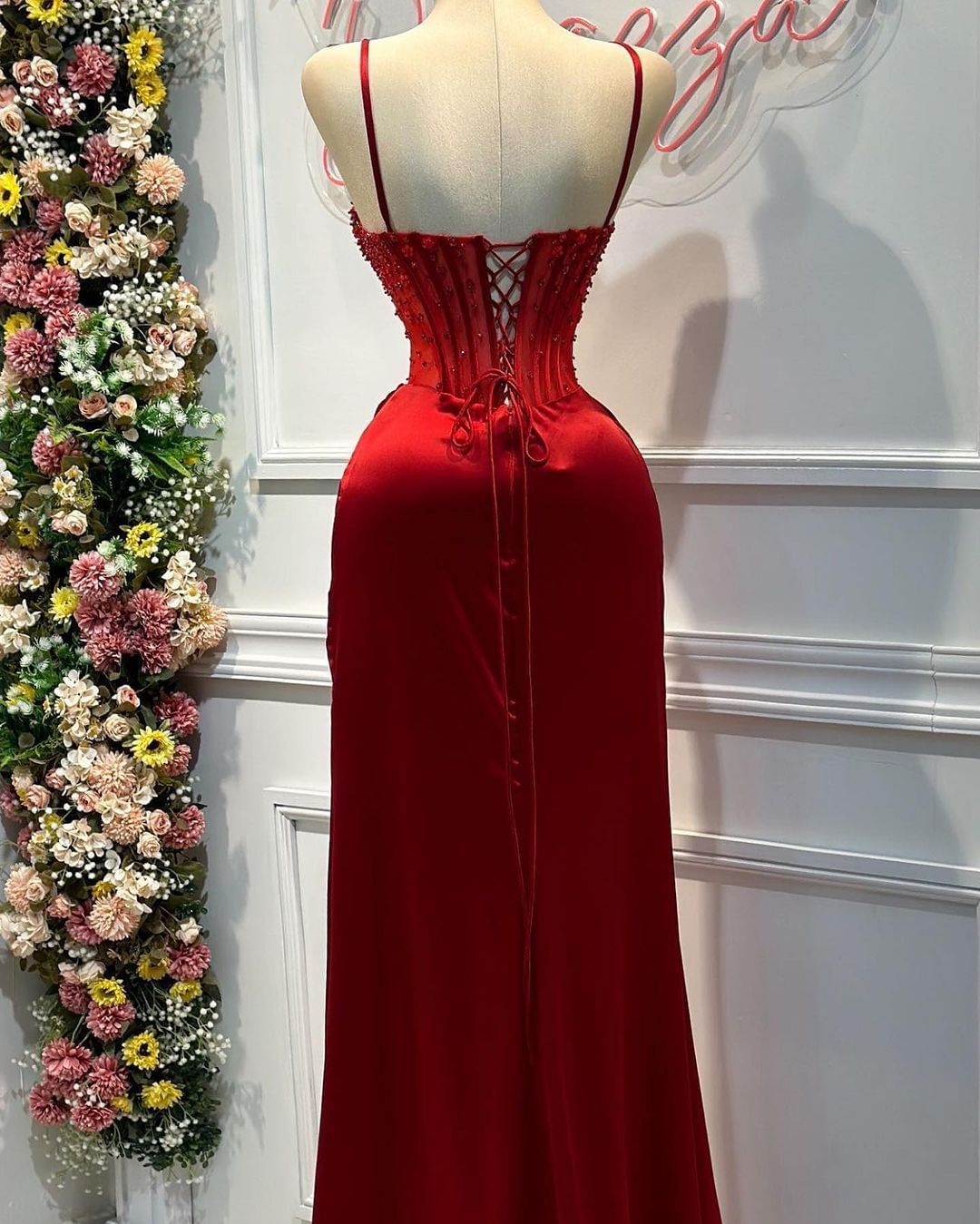 Fashion Red Spaghetti Strap Split Mermaid Prom Dress