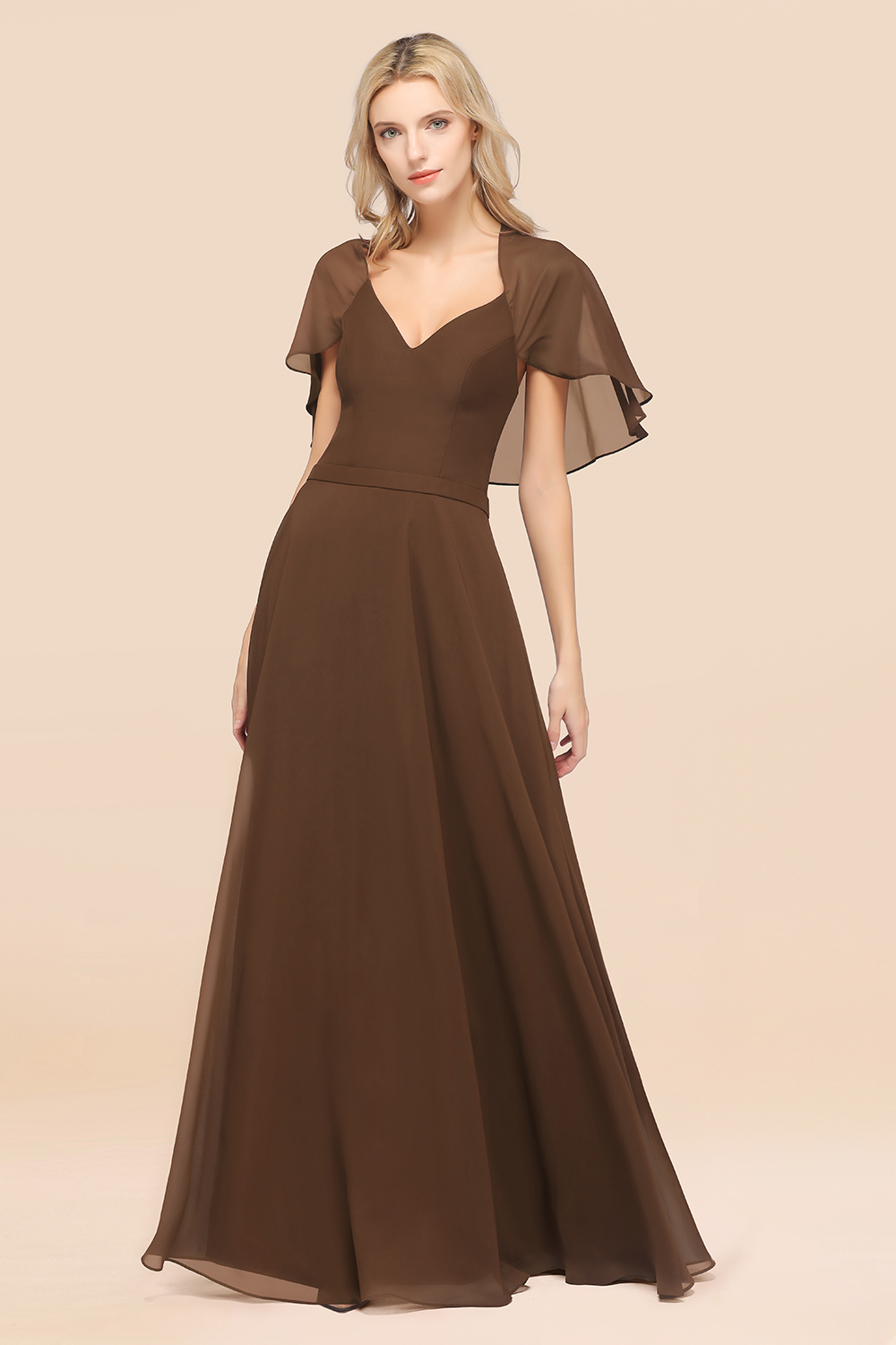 27prom Chic Satin V-Neck Long Burgundy Chiffon Bridesmaid Dress with Flutter Sleeve-27prom