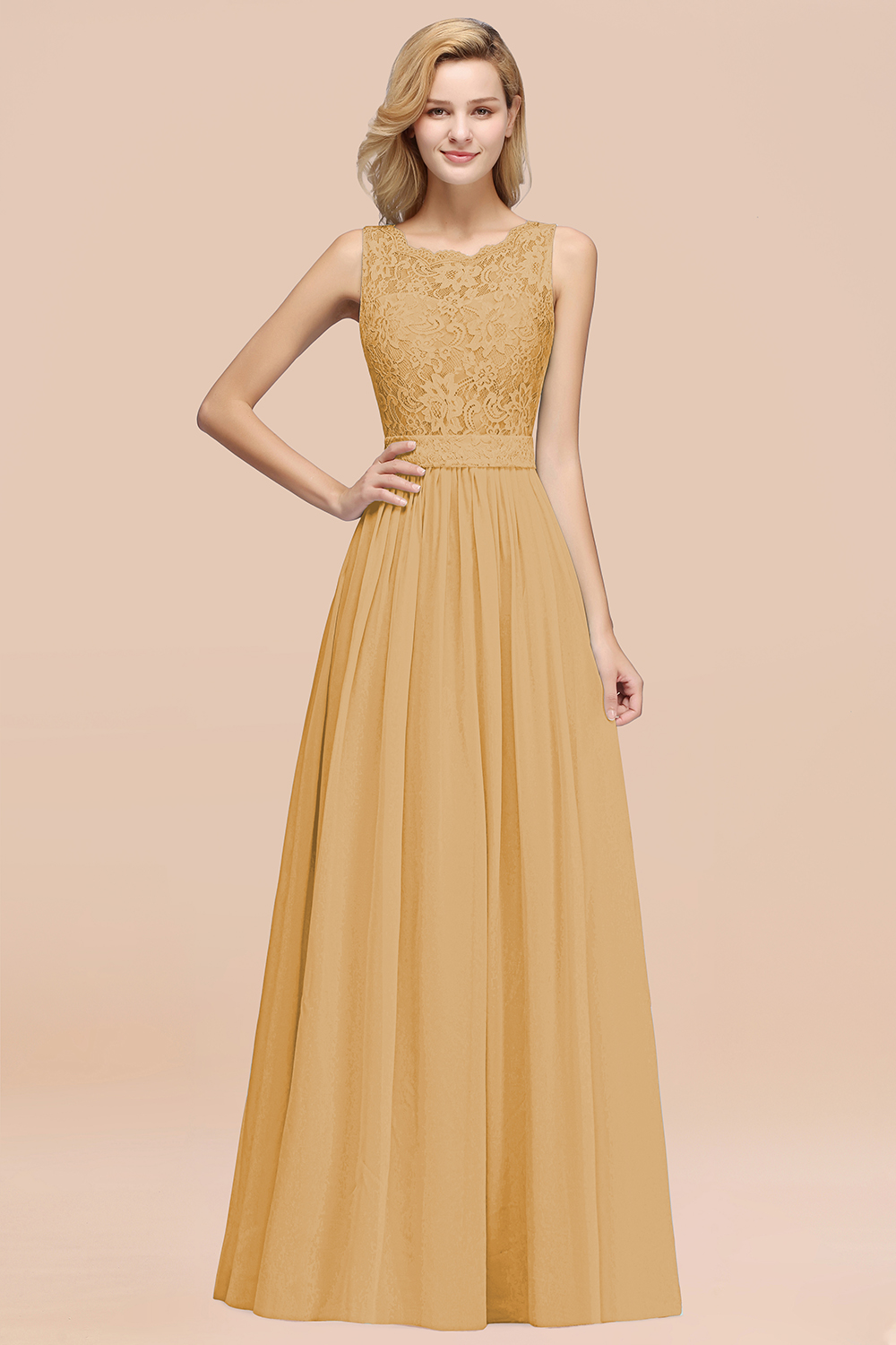 27prom Elegant Chiffon Lace Scalloped Sleeveless Ruffle Bridesmaid Dresses-27prom