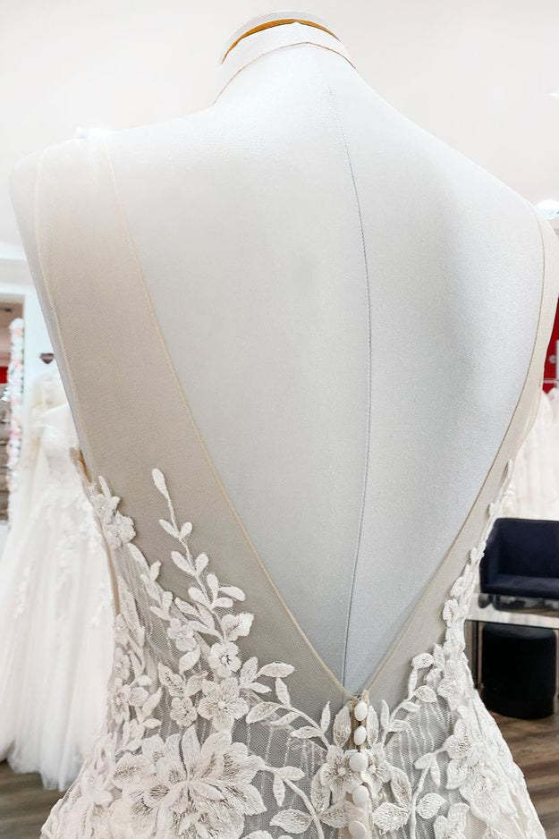 Sweetheart Long A-Line Wedding Dress with Tulle Ruffles, Open Back, and Lace Appliques