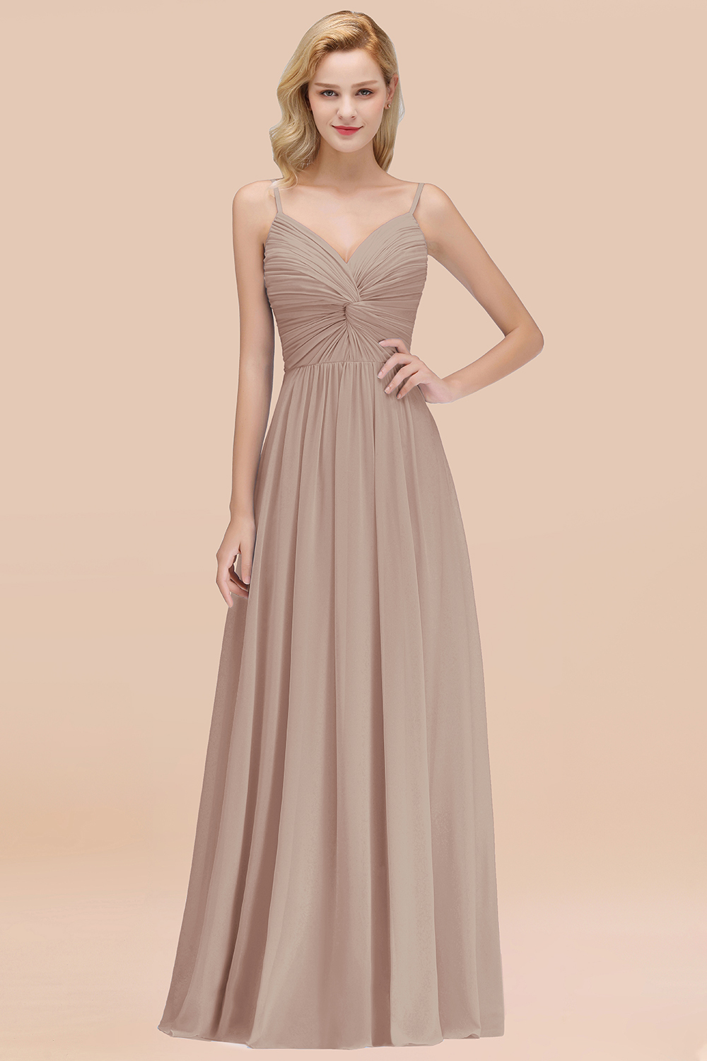 27prom Chic V-Neck Pleated Backless Bridesmaid Dresses with Spaghetti Straps-27prom