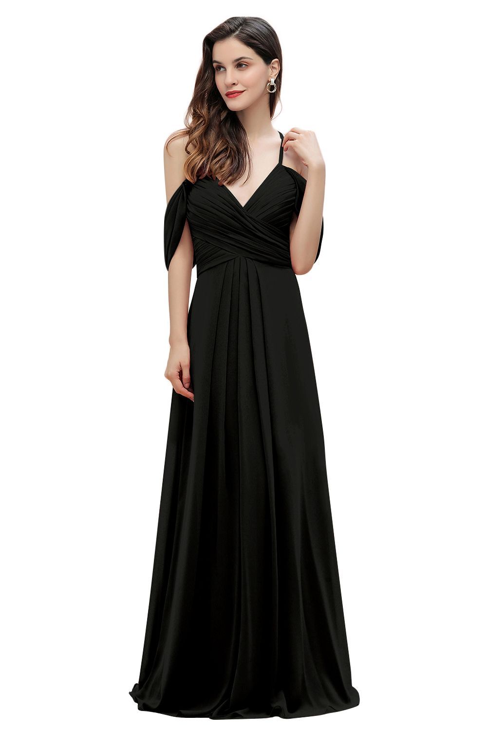 Elegant A-line Off-the-Shoulder V-neck Ruched Long Bridesmaid Dress-27prom
