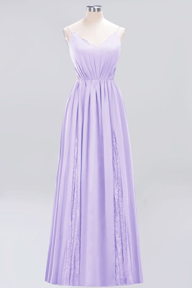 27prom Elegant Spaghetti Straps Long Bridesmaid Dress Lace V-Neck Maid of Honor Dress-27prom