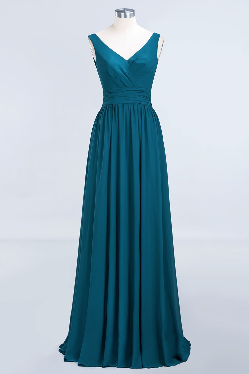 27prom Modest Sleeveless V-Neck Long Chiffon Bridesmaid Dress Online with Ruffle-27prom