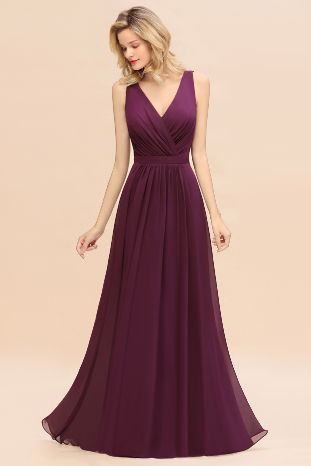 27prom Affordable V-Neck Ruffle Long Grape Chiffon Bridesmaid Dress with Bow-27prom