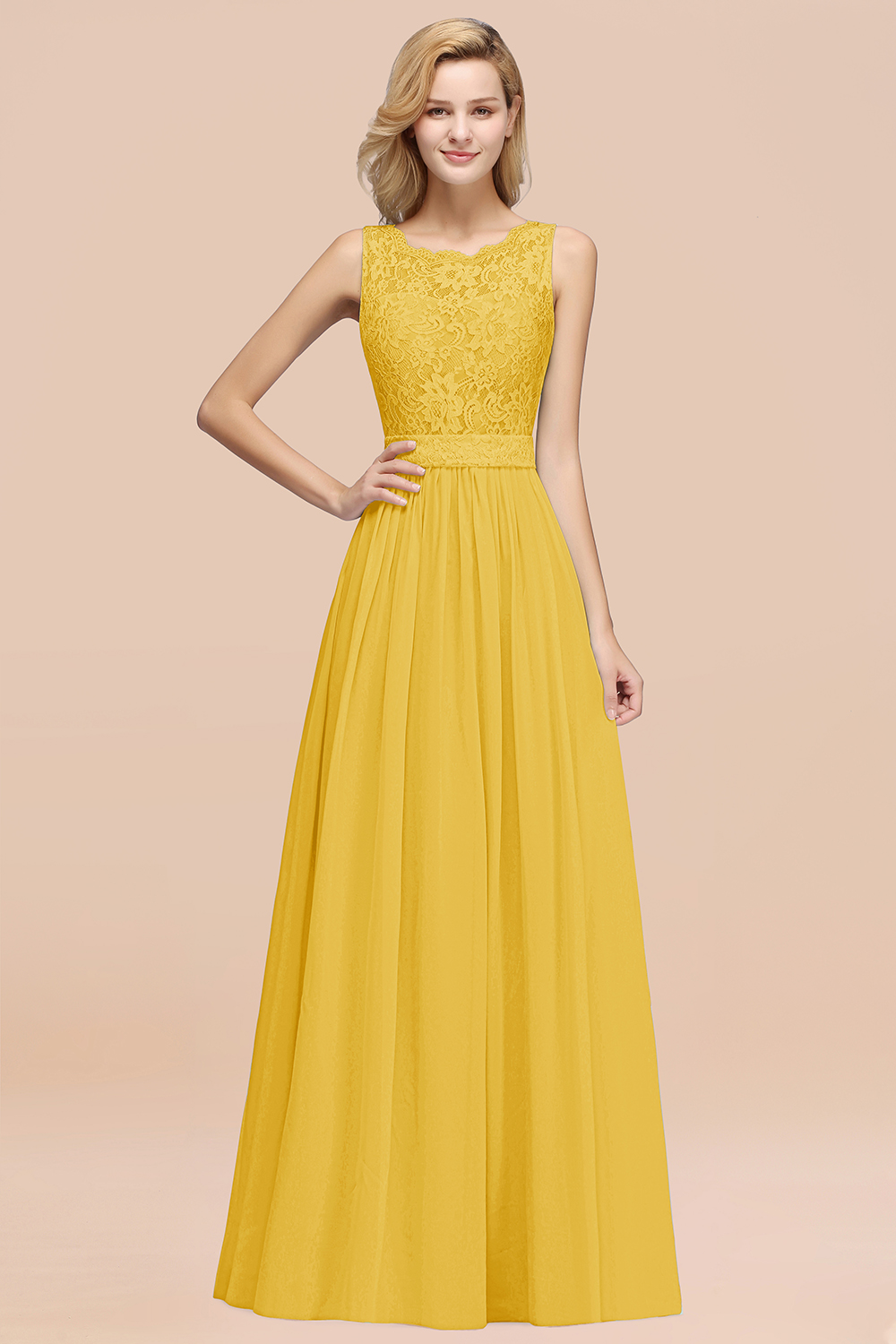 27prom Elegant Chiffon Lace Scalloped Sleeveless Ruffle Bridesmaid Dresses-27prom