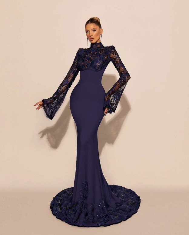 High Neck Lace Long Sleeves Long Mermaid Prom Dress With Pleated
