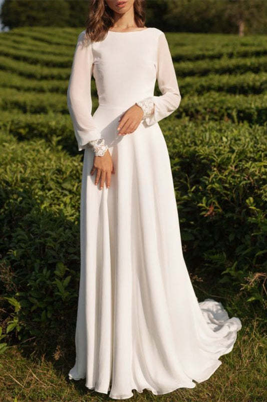 Bateau Neck Long Sleeve Tulle Boho A-Line Wedding Dress with Open Back